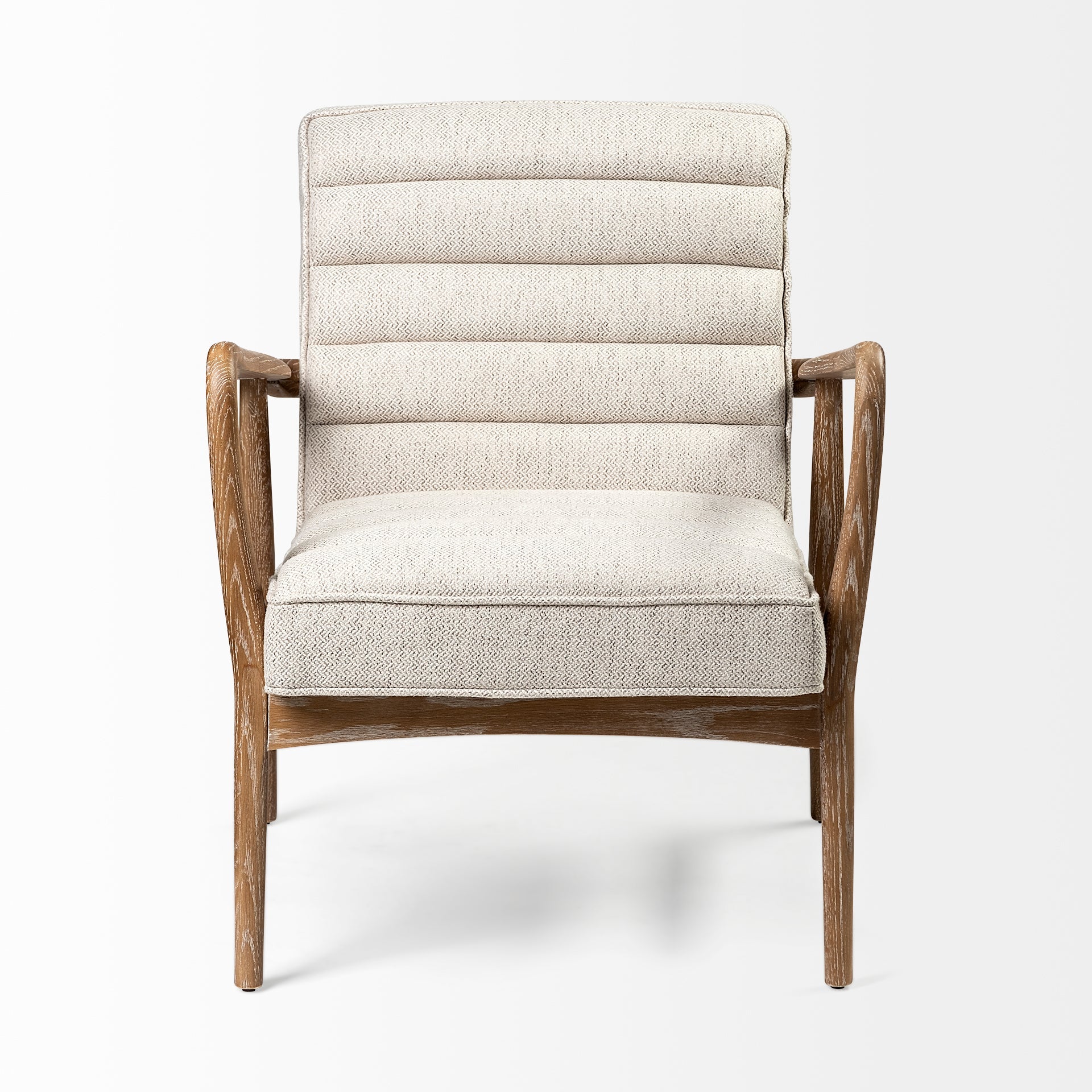Front view of the Ajax Accent Chair in white textured fabric with a natural oak wood frame