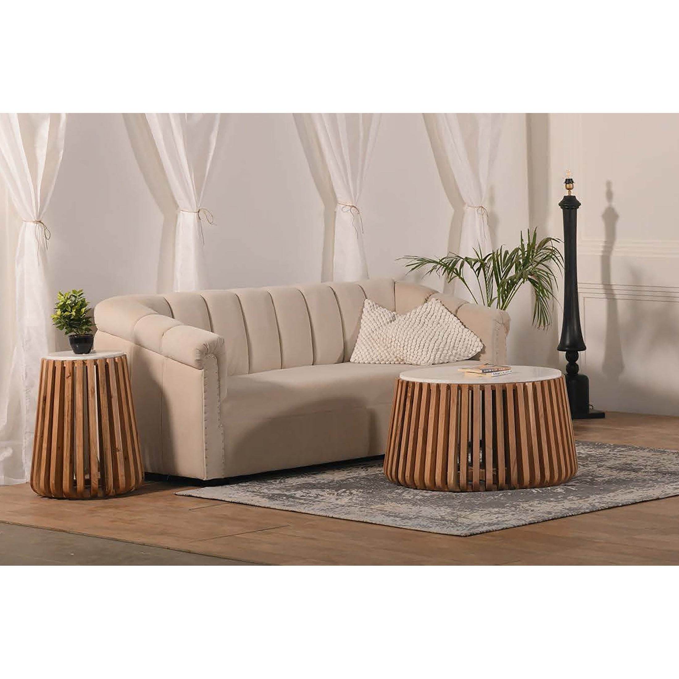 Alder marble top side table styled with matching coffee table and sofa