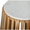 Close up of white marble surface and natural wood slat base construction