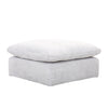 Three-quarter perspective showcasing the soft rounded corners and deep seating comfort of the Alex fabric ottoman