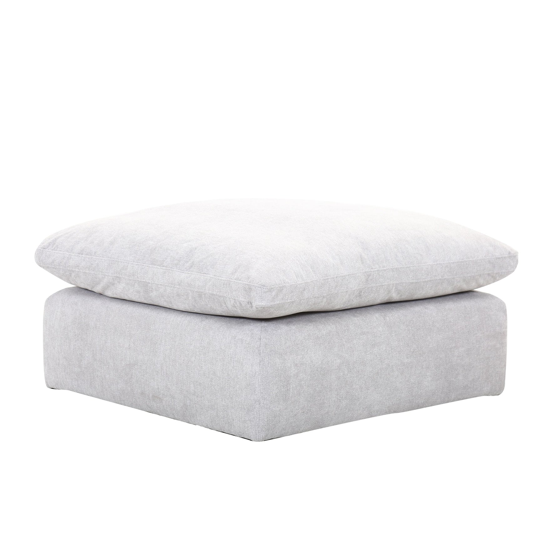 Front view of the Alex modular ottoman featuring a plush light gray fabric and a comfortable overstuffed pillow-top design