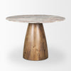 Perspective view showcasing a premium variant of the table with a pink and grey marble top and natural wood base