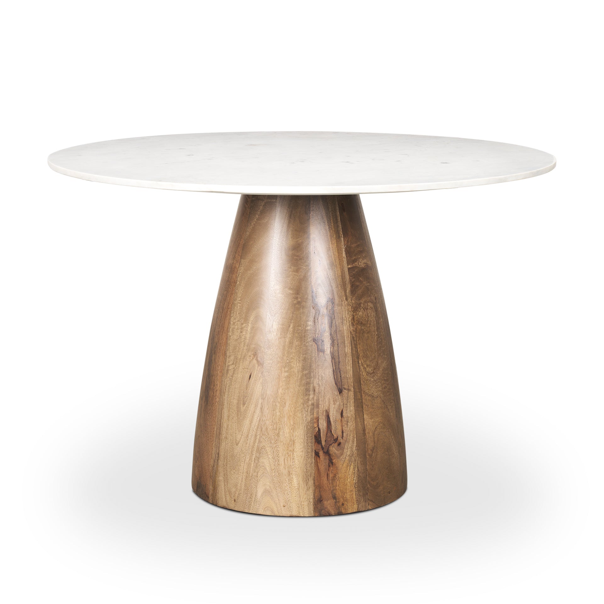 Front view of the Allyson round dining table featuring a white marble top and a solid mango wood tapered pedestal base