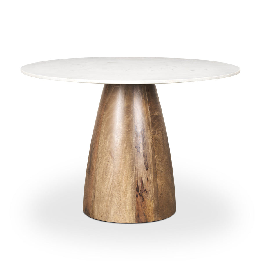 Front view of the Allyson round dining table featuring a white marble top and a solid mango wood tapered pedestal base