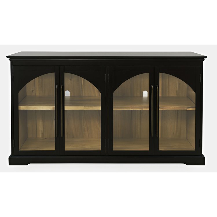 Straight-on front view of the Archdale accent cabinet in a weathered grey finish featuring four arched glass-front doors