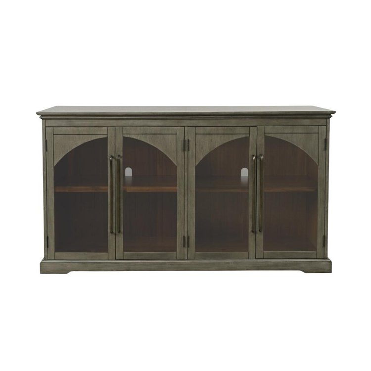 Straight-on front view of the Archdale accent cabinet in a weathered grey finish featuring four arched glass-front doors