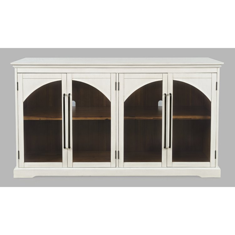 Straight-on front view of the Archdale cabinet in a clean white finish with contrasting dark metal hardware