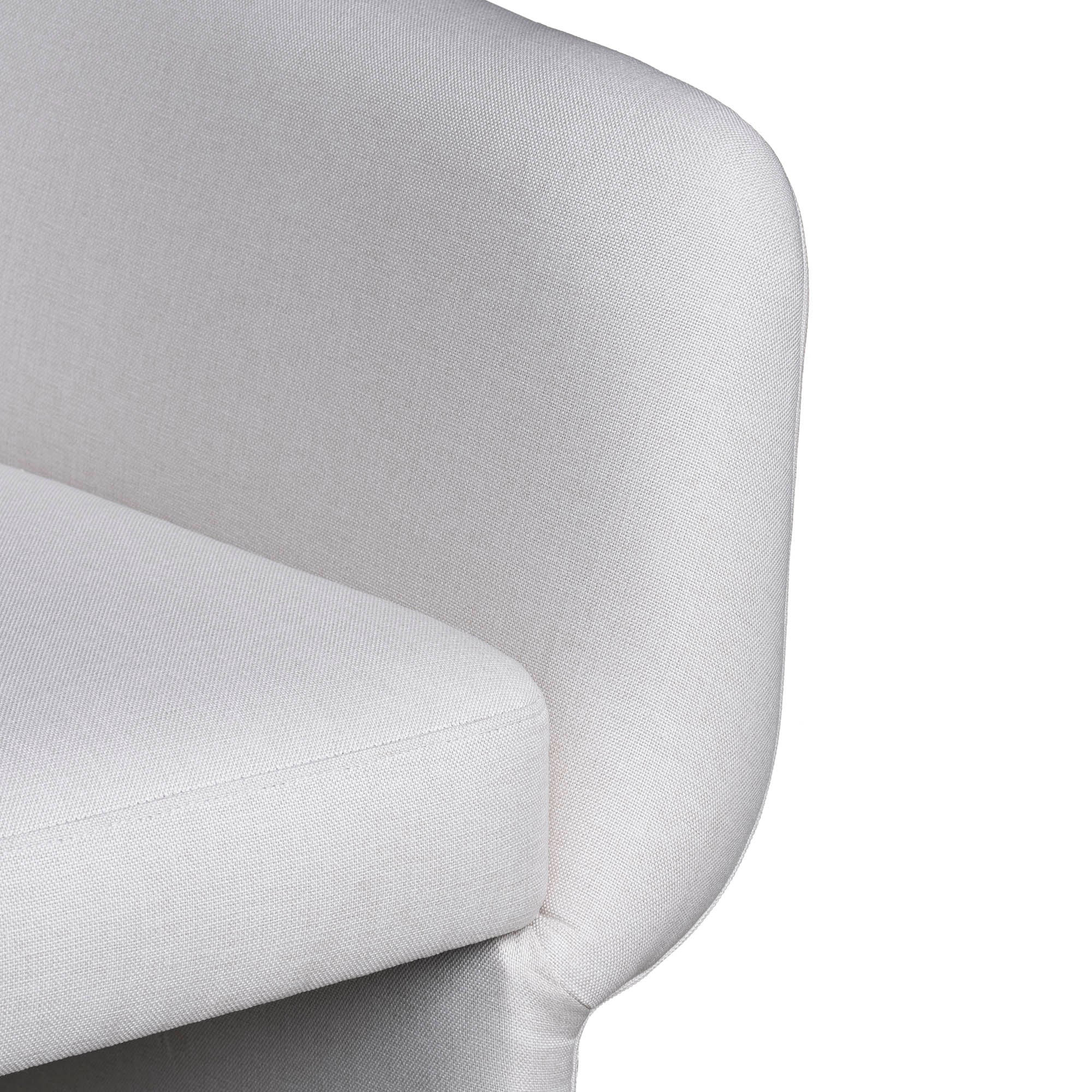 Front view of the Ariana Club Chair in white linen fabric featuring thick sculptural arched oak arms