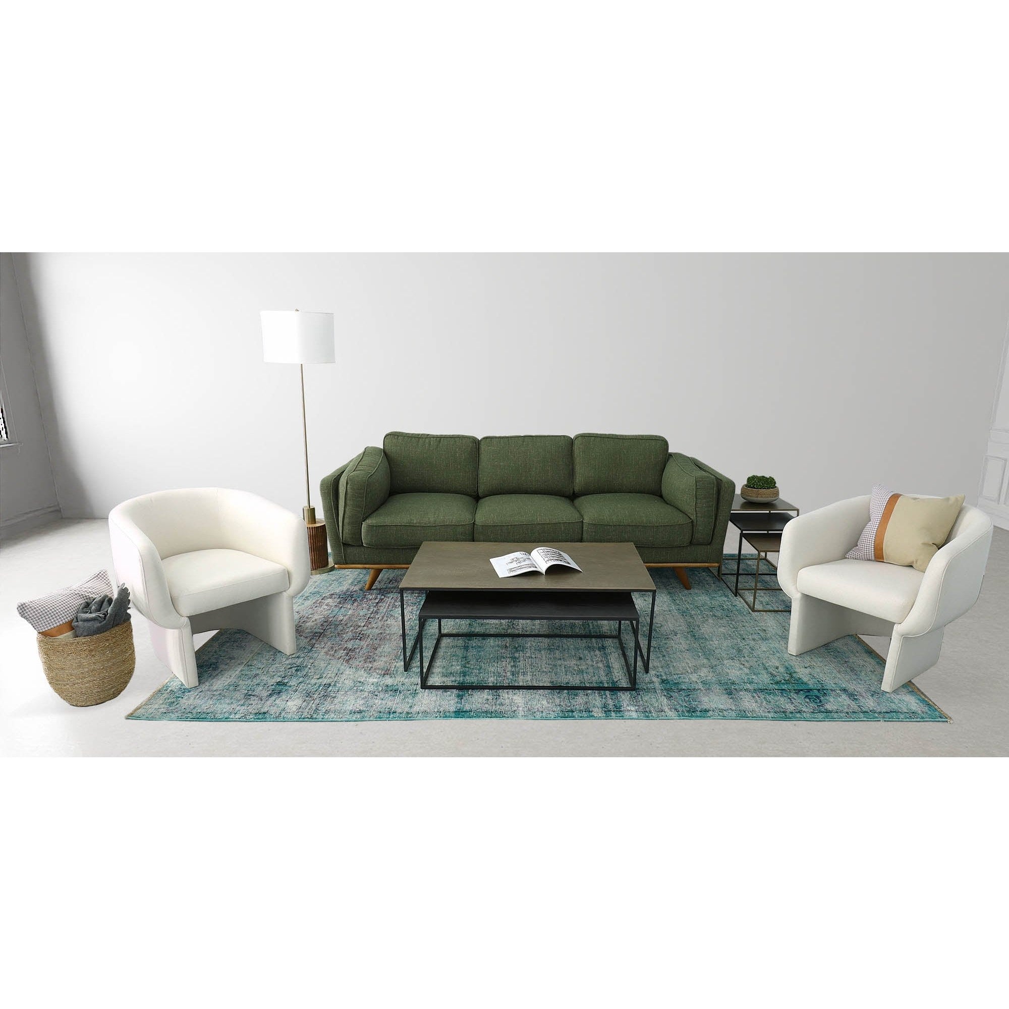 Front view of the Ariana Club Chair in white linen fabric featuring thick sculptural arched oak arms