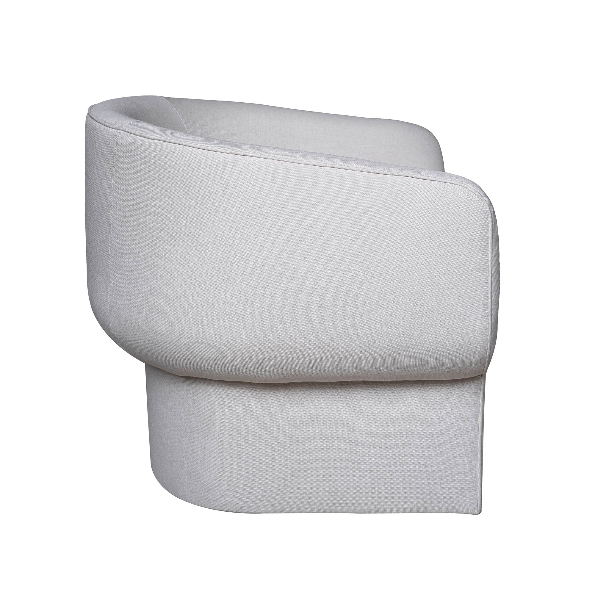 Front view of the Ariana Club Chair in white linen fabric featuring thick sculptural arched oak arms