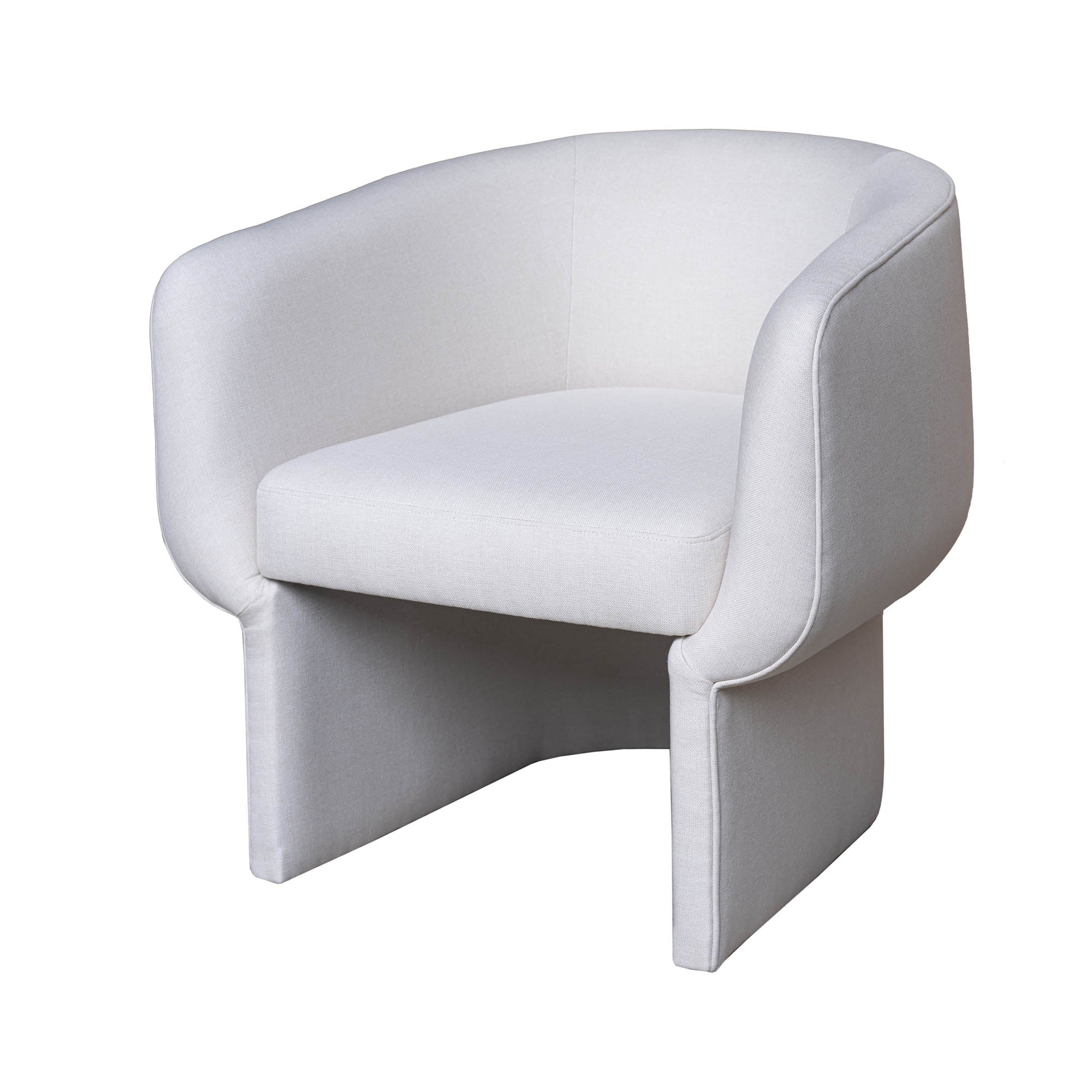 Front view of the Ariana Club Chair in white linen fabric featuring thick sculptural arched oak arms