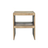 Front view of the Atlantis side table featuring a rectangular block silhouette with an open storage shelf and a light natural wood finish