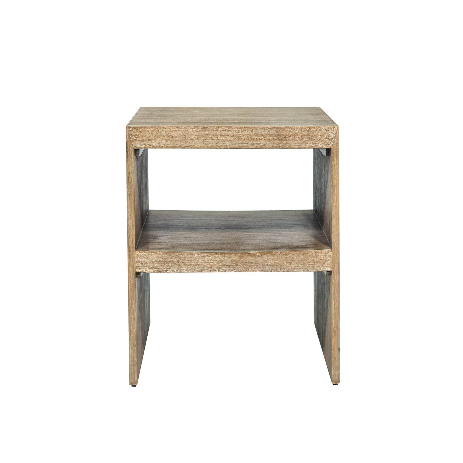 Front view of the Atlantis side table featuring a rectangular block silhouette with an open storage shelf and a light natural wood finish
