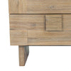 Close-up perspective focusing on the unique integrated square wood handle and the geometric layered paneling