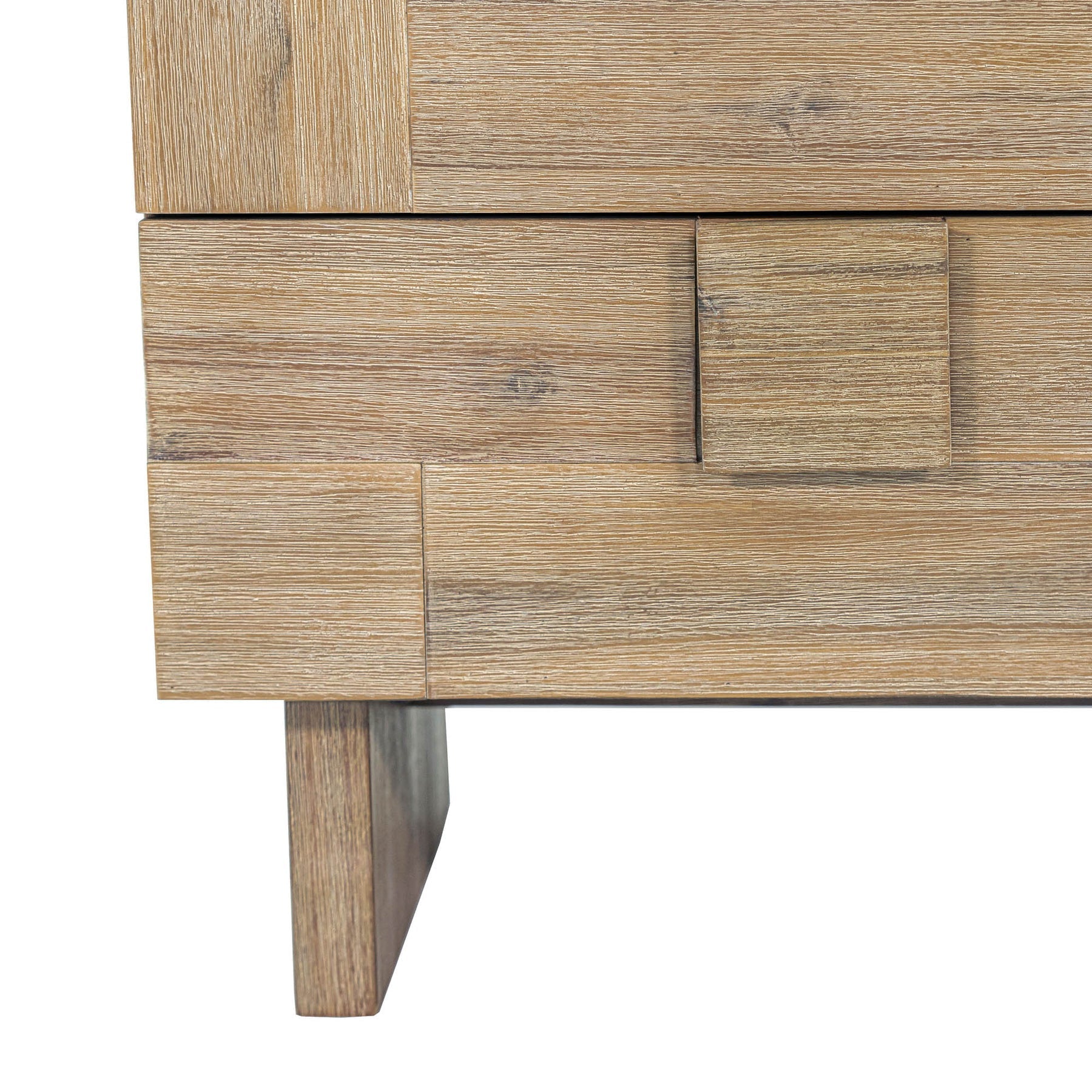 Front view of the Atlantis nightstand featuring a unique puzzle-like textured wood facade and two spacious drawers with integrated square handles