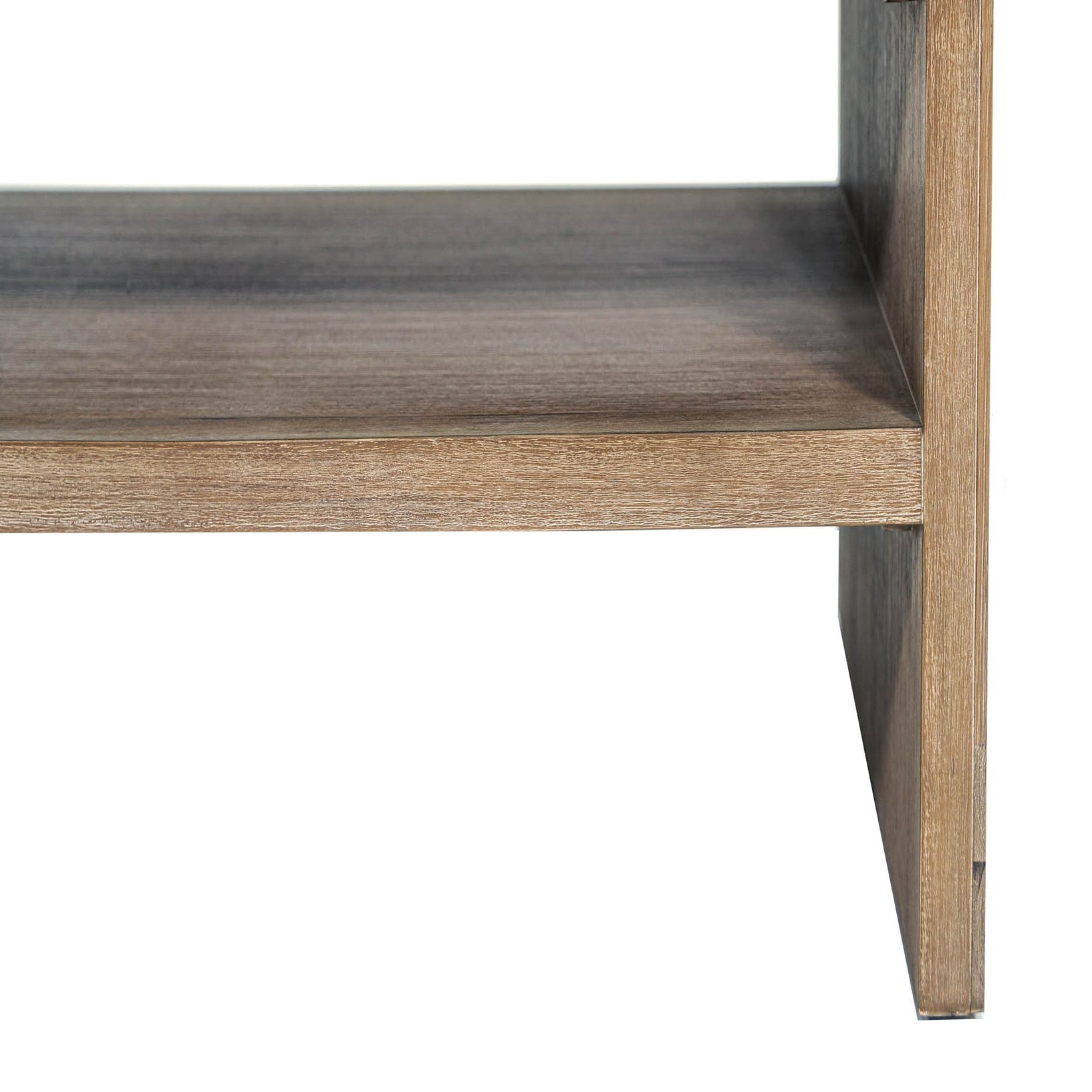 Front view of the Atlantis side table featuring a rectangular block silhouette with an open storage shelf and a light natural wood finish