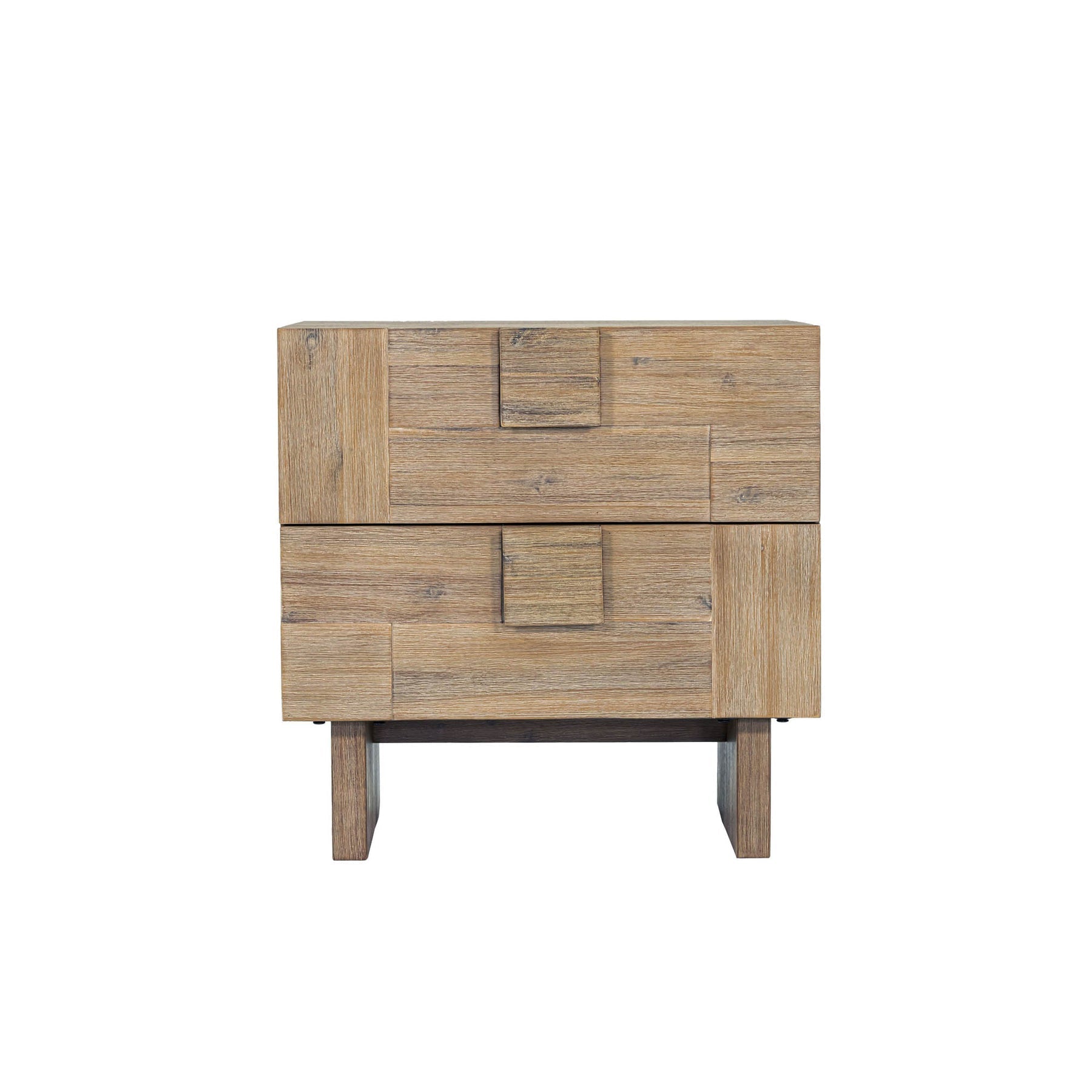 Front view of the Atlantis nightstand featuring a unique puzzle-like textured wood facade and two spacious drawers with integrated square handles