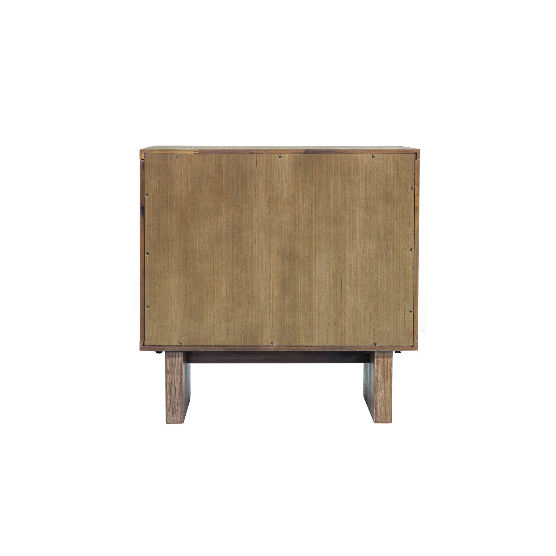Front view of the Atlantis nightstand featuring a unique puzzle-like textured wood facade and two spacious drawers with integrated square handles