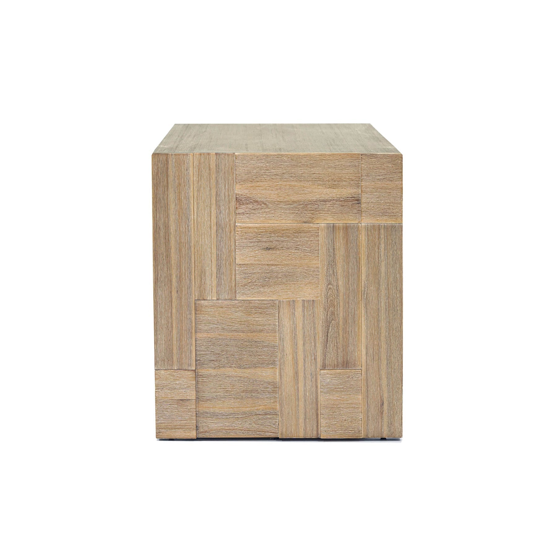 Front view of the Atlantis side table featuring a rectangular block silhouette with an open storage shelf and a light natural wood finish