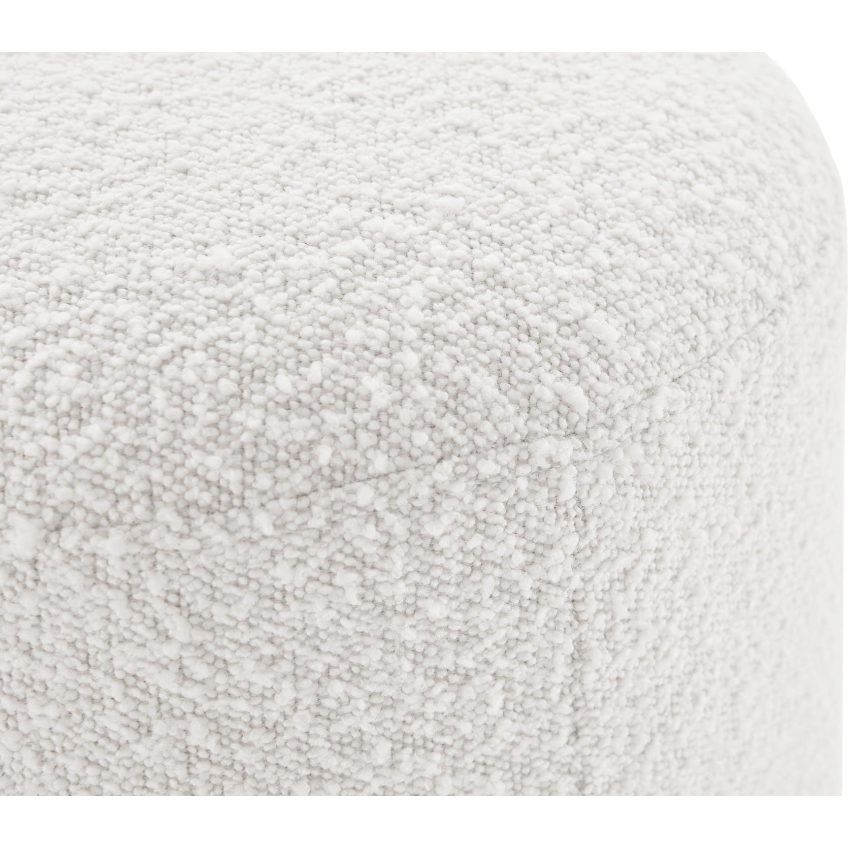 Front view of the Audo round stool featuring soft white bouclé fabric and a minimalist tapered silhouette
