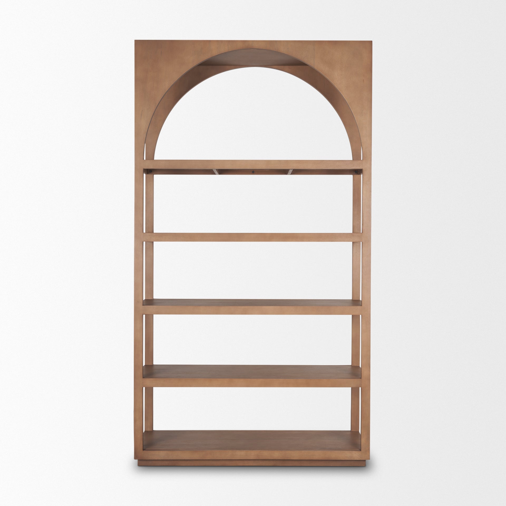 Straight-on front view of the Bela shelving unit featuring a tall architectural arch and five spacious open shelves in a warm natural wood finish