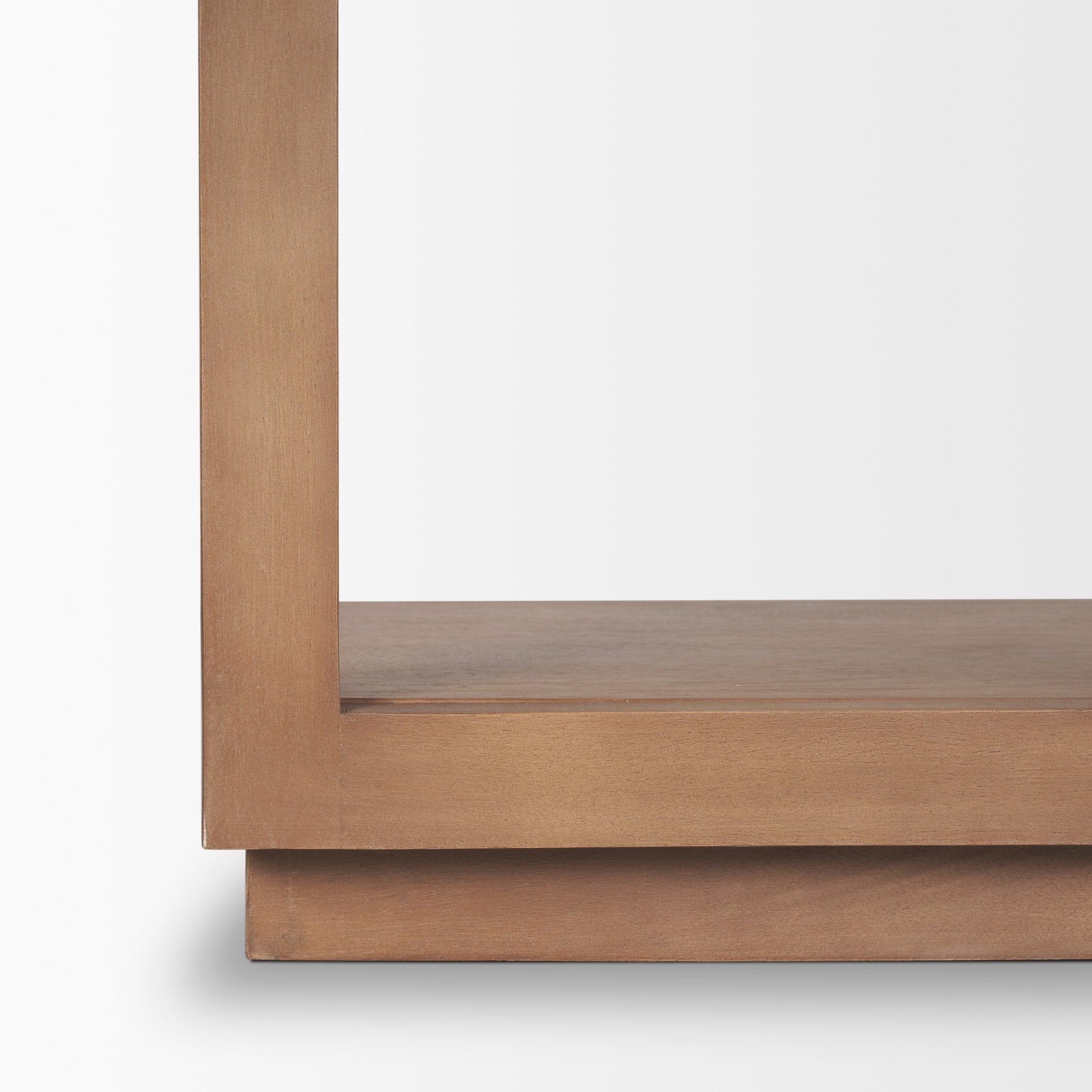 Straight-on front view of the Bela shelving unit featuring a tall architectural arch and five spacious open shelves in a warm natural wood finish