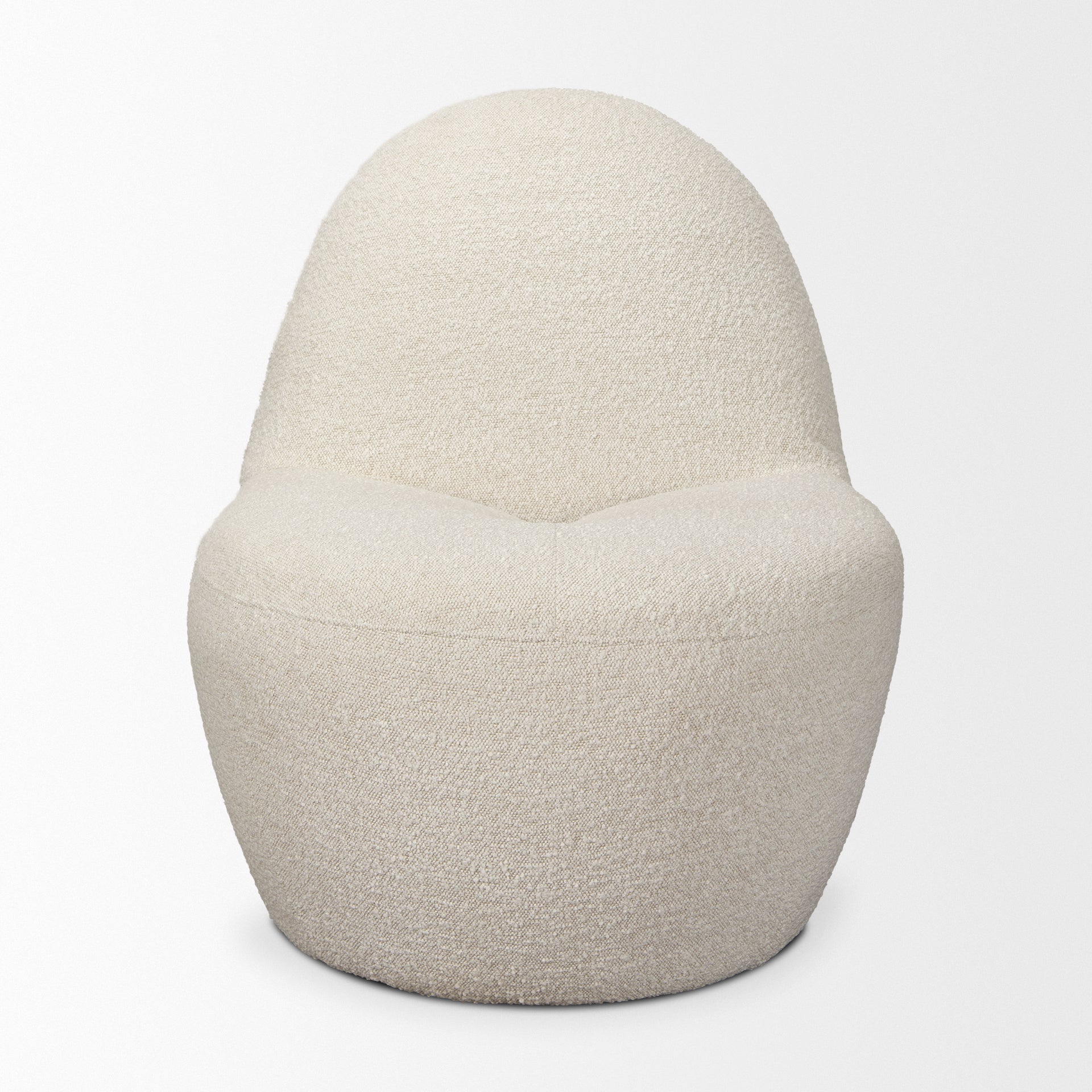 Front view of the Beverly high-back accent chair in oatmeal bouclé fabric with a sculptural pebble silhouette.