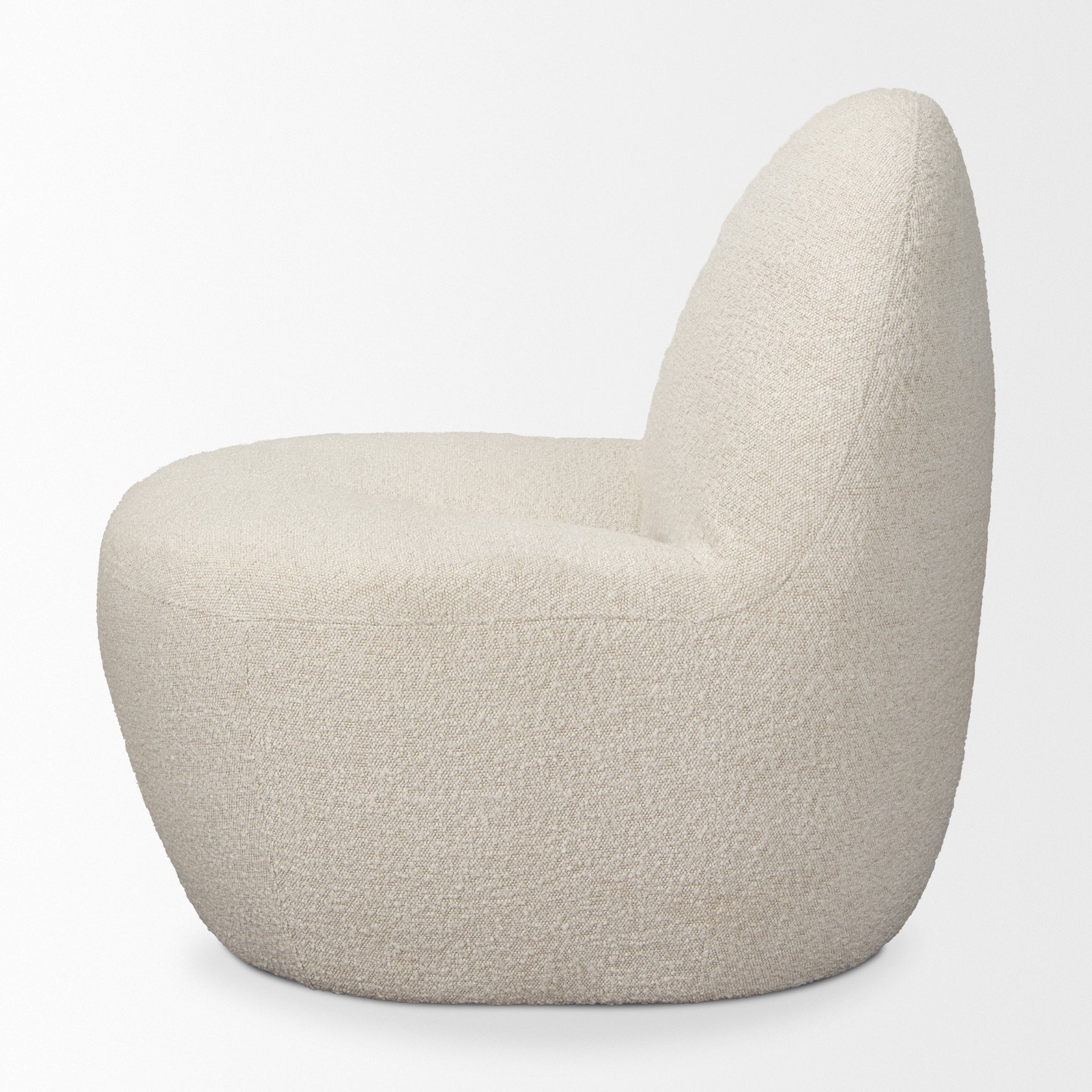 Front view of the Beverly high-back accent chair in oatmeal bouclé fabric with a sculptural pebble silhouette.