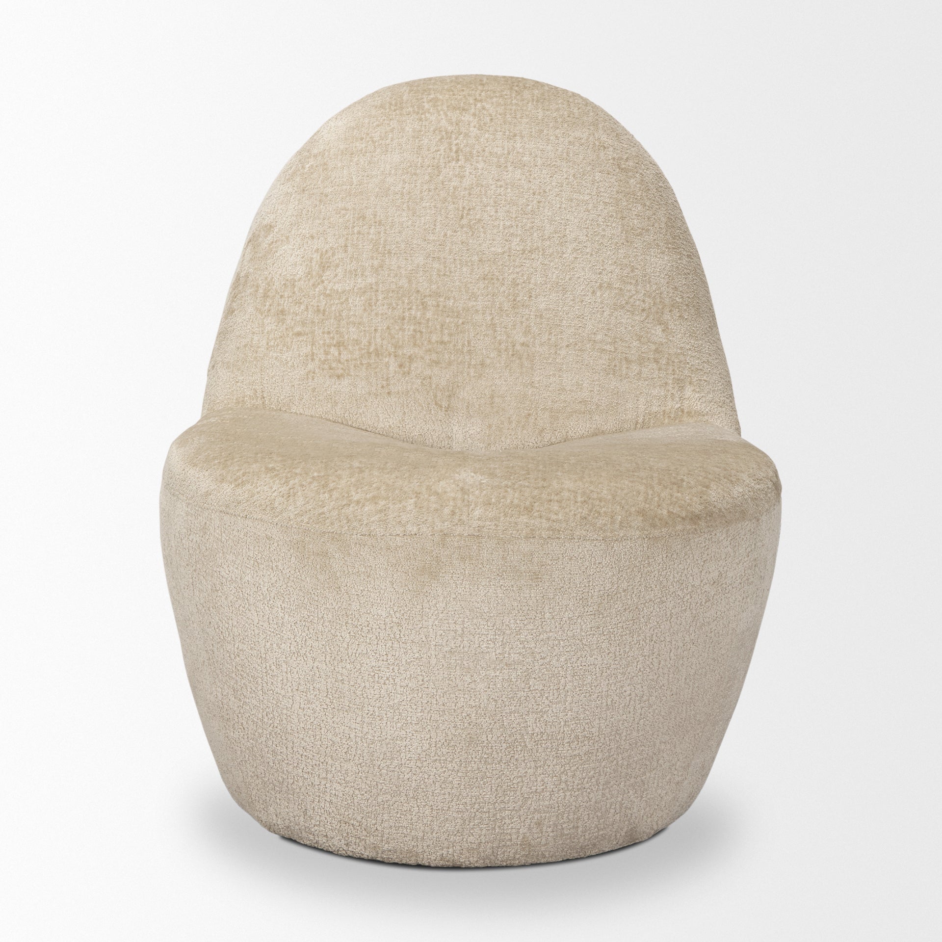 Front view of the Beverly high-back accent chair in oatmeal bouclé fabric with a sculptural pebble silhouette.