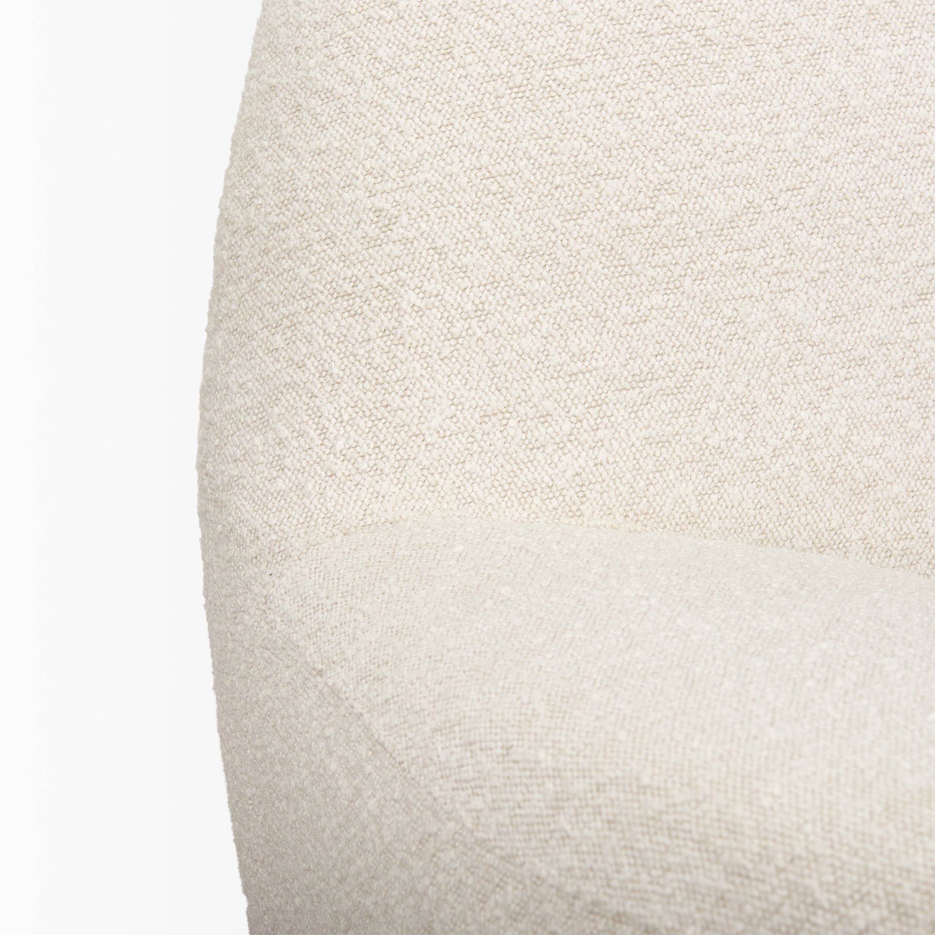 Front view of the Beverly high-back accent chair in oatmeal bouclé fabric with a sculptural pebble silhouette.