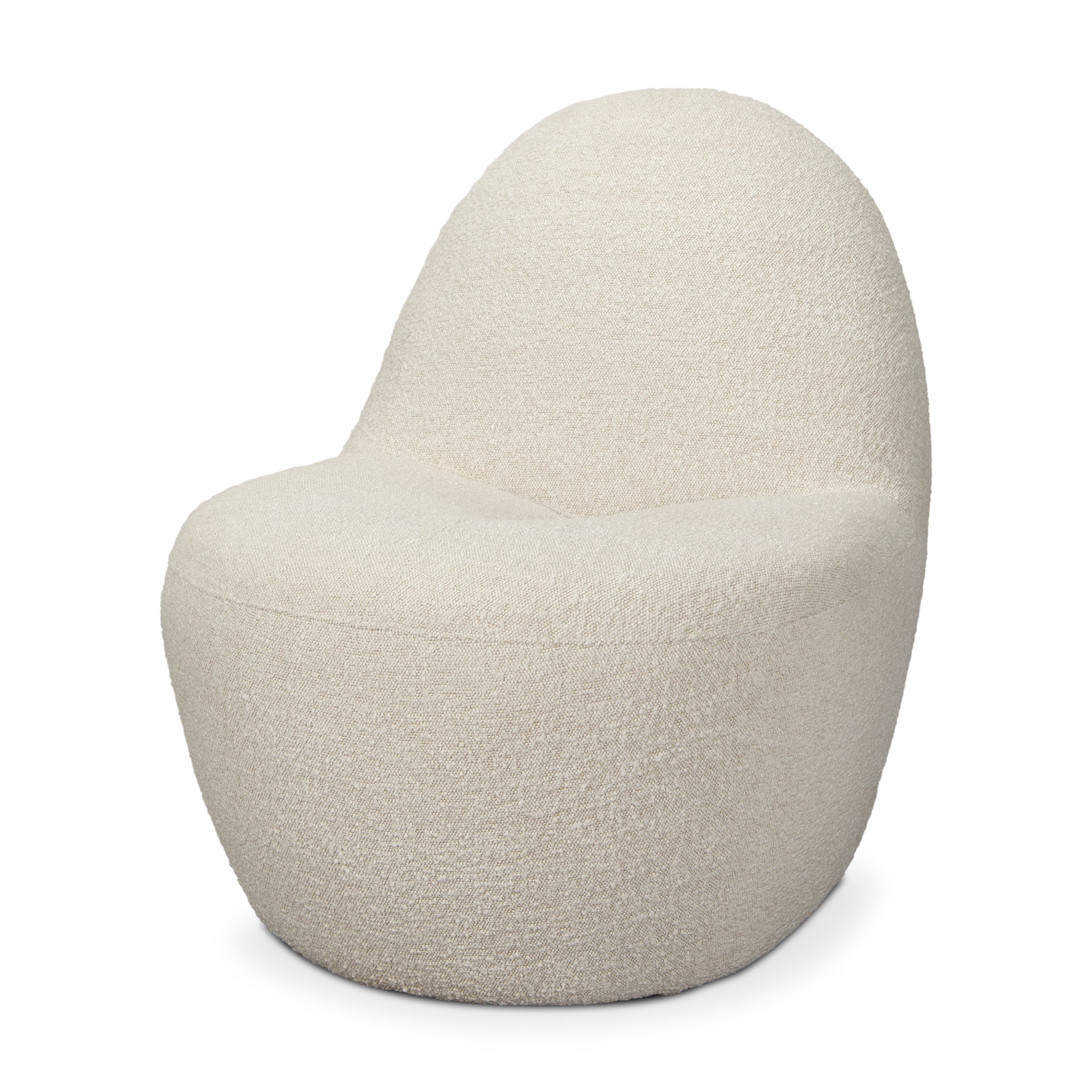 Front view of the Beverly high-back accent chair in oatmeal bouclé fabric with a sculptural pebble silhouette.
