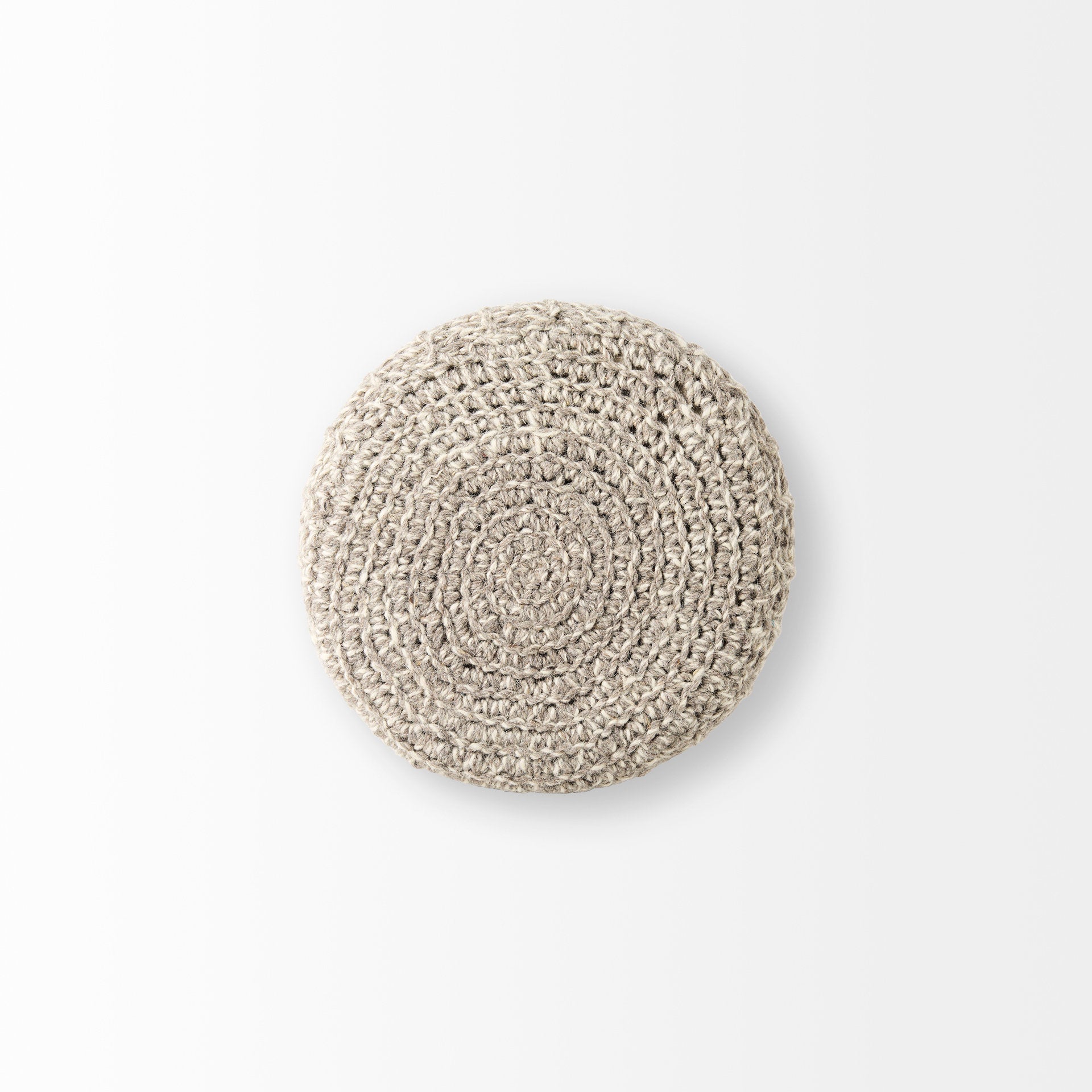 Front three-quarter view of the Bina accent stool featuring a thick gray knitted wool seat and four natural wood legs