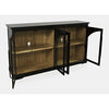 Perspective view with black cabinet doors open highlighting the high-contrast natural wood shelving