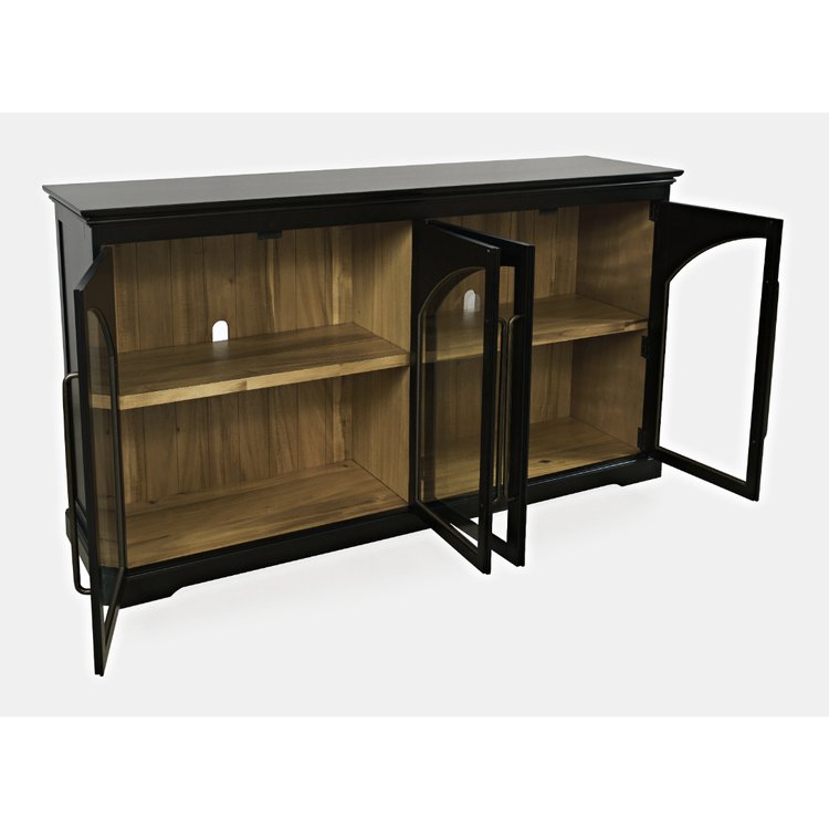 Straight-on front view of the Archdale accent cabinet in a weathered grey finish featuring four arched glass-front doors