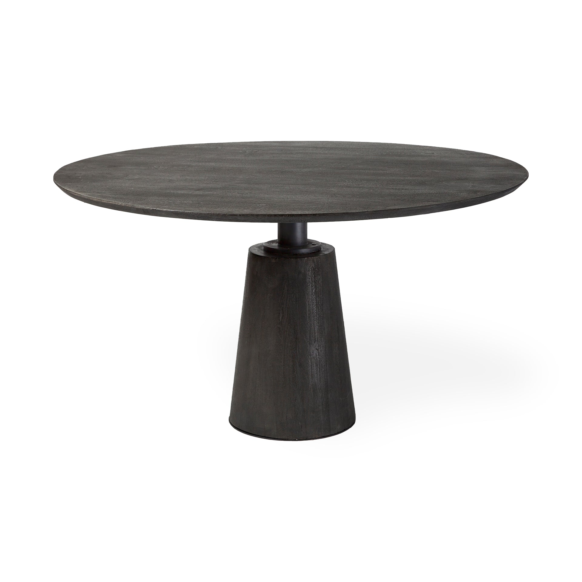 Front view of the Maxwell round dining table featuring a natural wood top and a tapered pedestal base with an antique brass metal neck