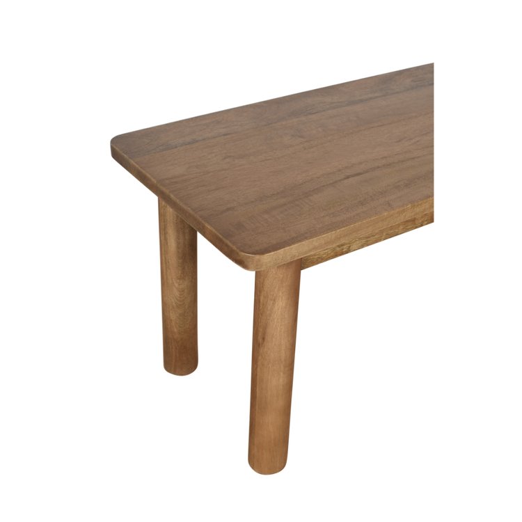 Front view of the Bodhi dining bench featuring a smooth natural wood finish and sturdy rounded legs