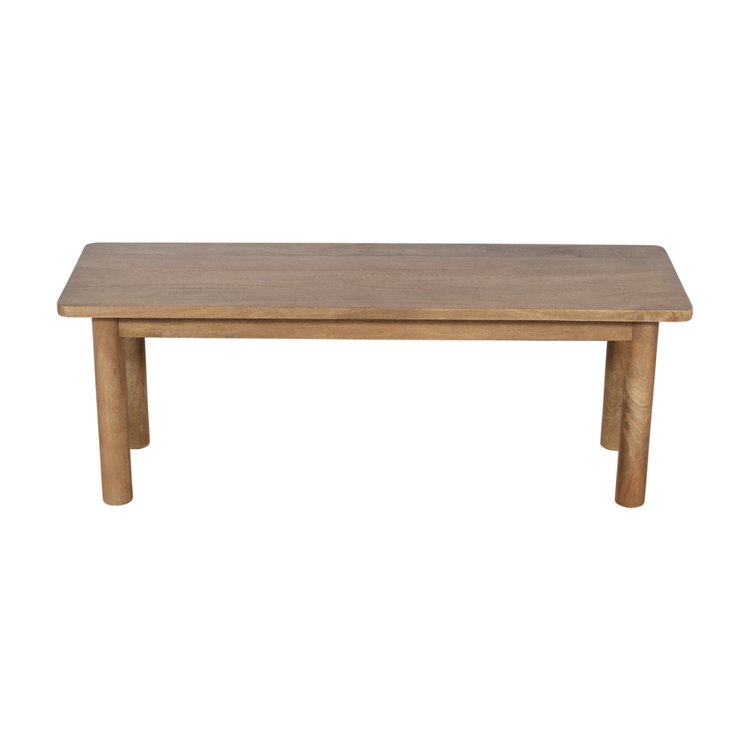 Front view of the Bodhi dining bench featuring a smooth natural wood finish and sturdy rounded legs