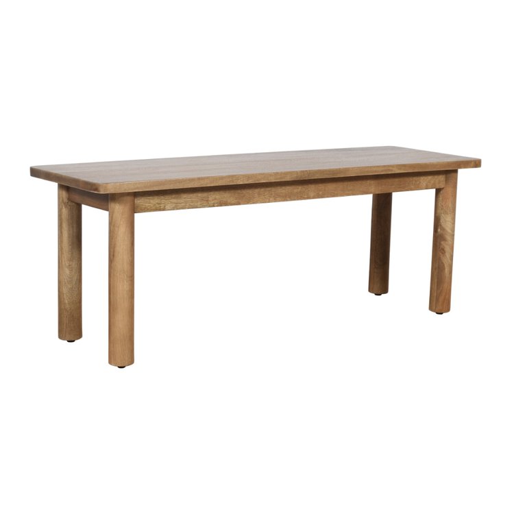 Front view of the Bodhi dining bench featuring a smooth natural wood finish and sturdy rounded legs
