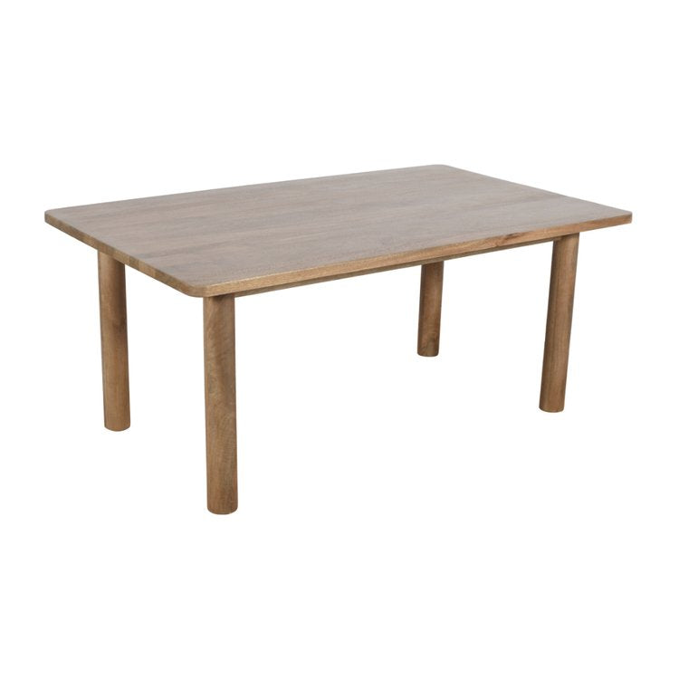 Front view of the Bodhi dining table in a light natural mango wood finish featuring a minimalist rectangular top and thick cylindrical legs