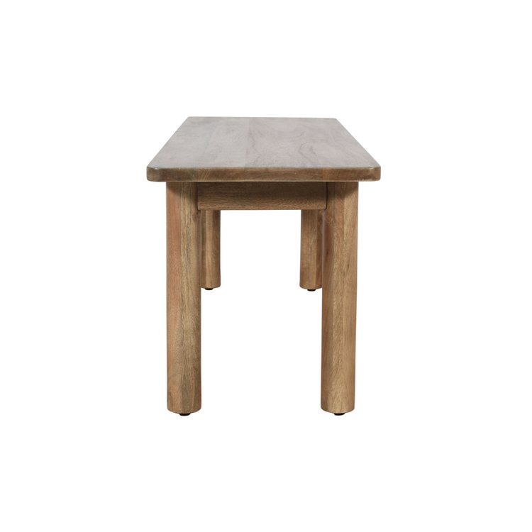 Front view of the Bodhi dining bench featuring a smooth natural wood finish and sturdy rounded legs
