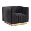 Angled view of Bretz mid century chair in black upholstery