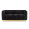 Front view of the Bretz Mid Century Loveseat in black velvet with a contrasting gold base