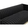 Front view of Bretz black velvet retro modern sofa with plush channel tufting