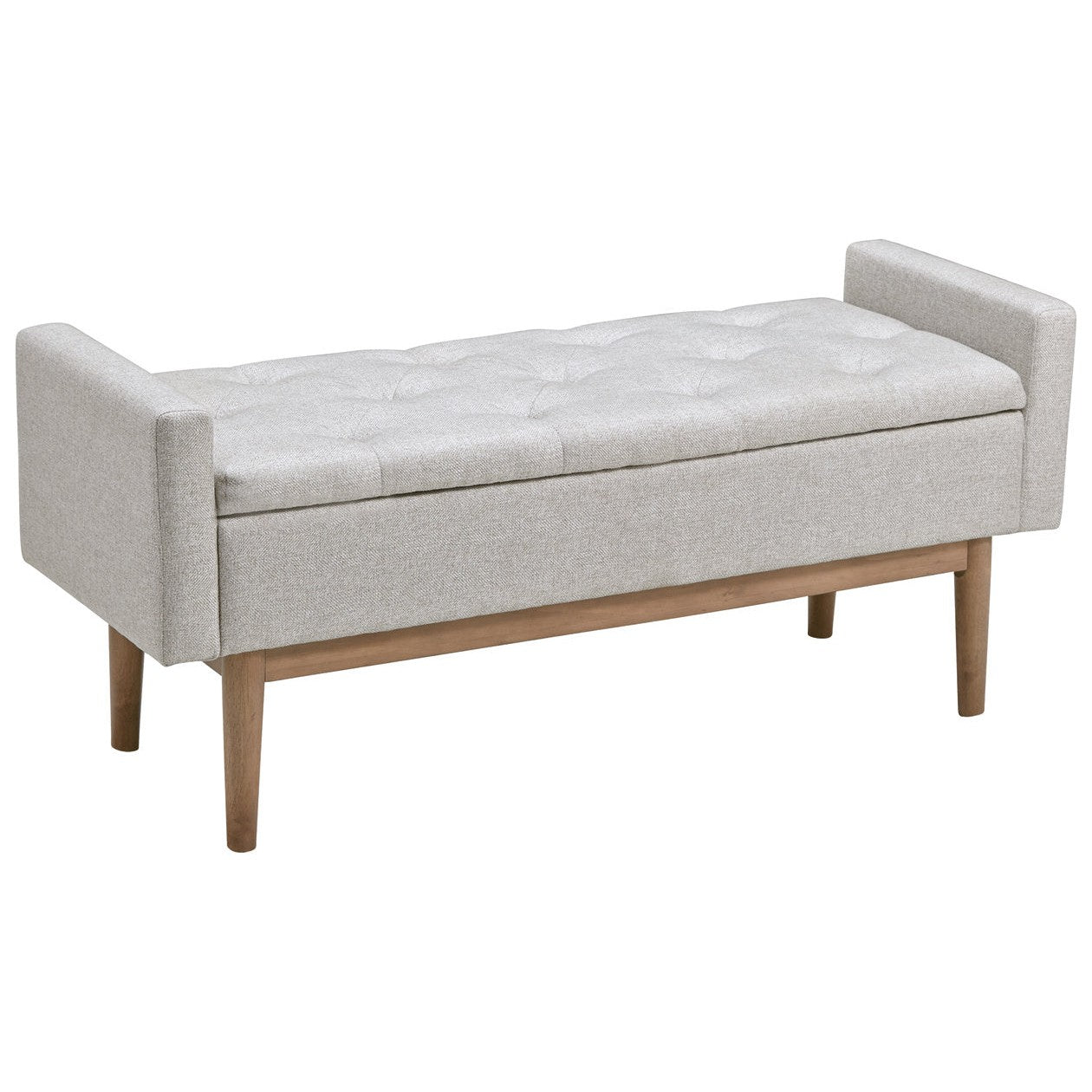 Front view of the Briarson storage bench featuring light gray button-tufted upholstery and natural wood tapered legs