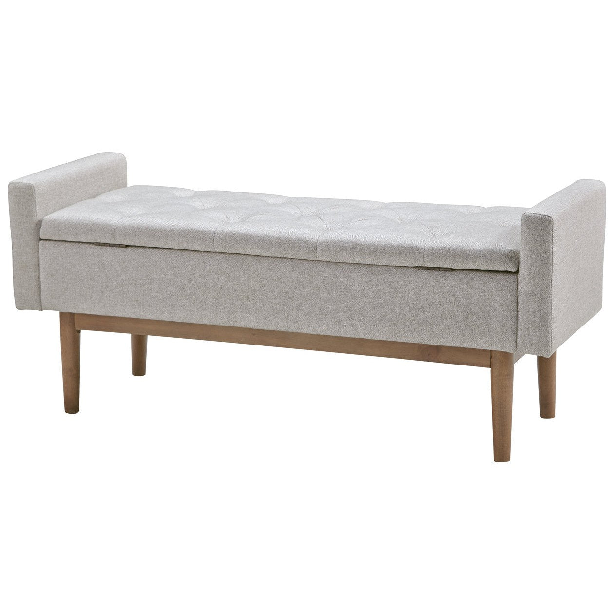 Front view of the Briarson storage bench featuring light gray button-tufted upholstery and natural wood tapered legs