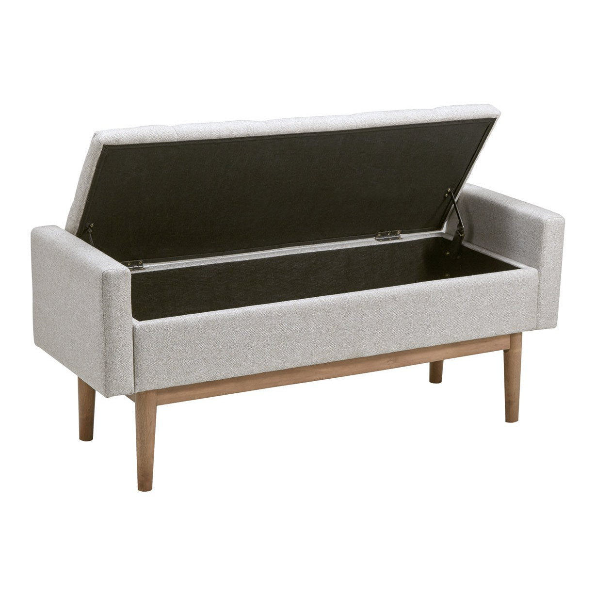 Front view of the Briarson storage bench featuring light gray button-tufted upholstery and natural wood tapered legs