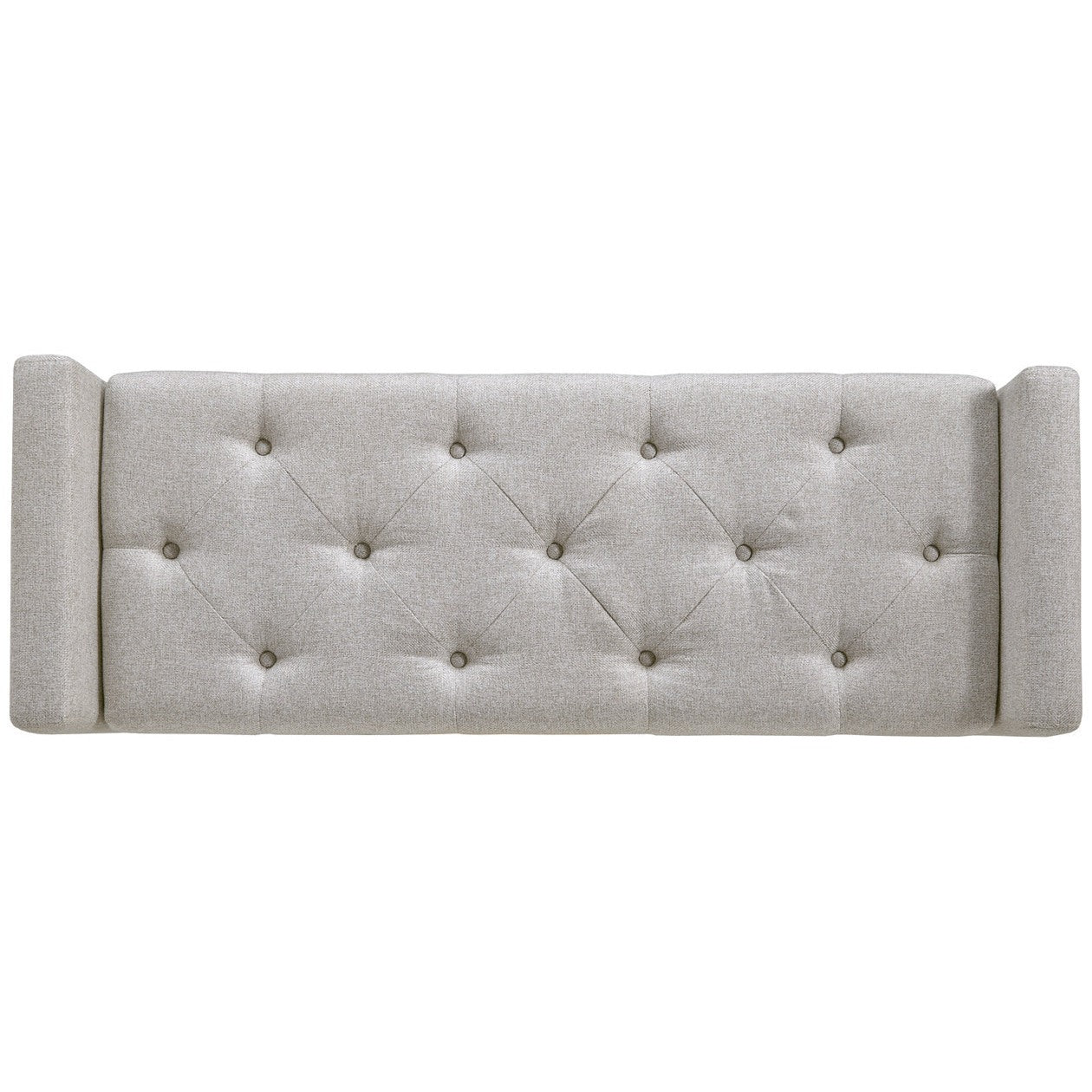Front view of the Briarson storage bench featuring light gray button-tufted upholstery and natural wood tapered legs