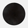 Top view of black metal accent table with radial etched pattern