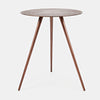 Front view of medium copper bronze accent table with tapered tripod base