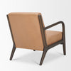 Angled back view of the tan leather variant highlighting the structural wood frame